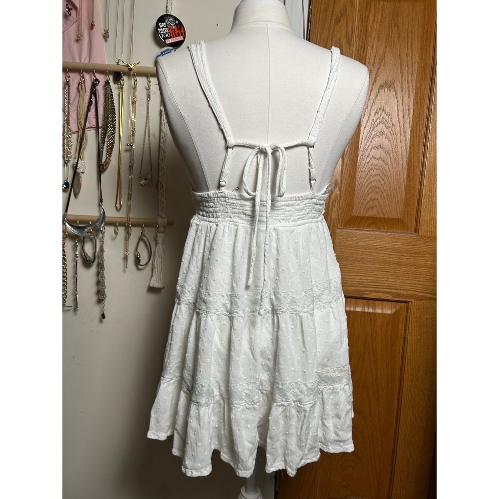 White Swiss Dot Lace Trim Tiered Mini Dress V-Neck Small Boho Festival Summer - Picture 3 of 6